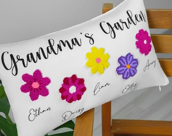 Custom Grandmas Garden Mothers Day Gift,  Birth Flower Gift, Punch Needle Pillow, Nanas Garden, Kids Name Pillow, Personalized Gift, Cushion