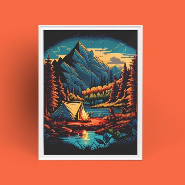 Modern Illustration Go Camping Printable Art | Riverside Campfire Painting | Green Forest Mountain Digital | Large Art | Tent Adventure