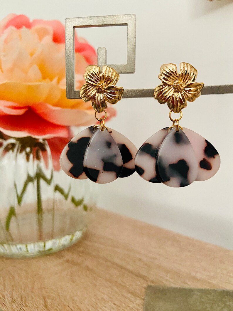 GLORIA earrings with acetate petals and Sézane-inspired stainless steel stud earrings, handmade image 6