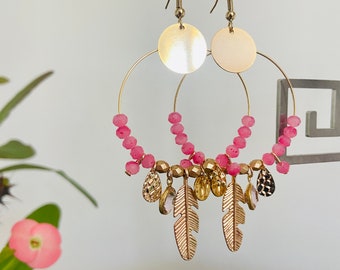 LINA dangling earrings decorated with golden charms and handcrafted boho chic style faceted beads