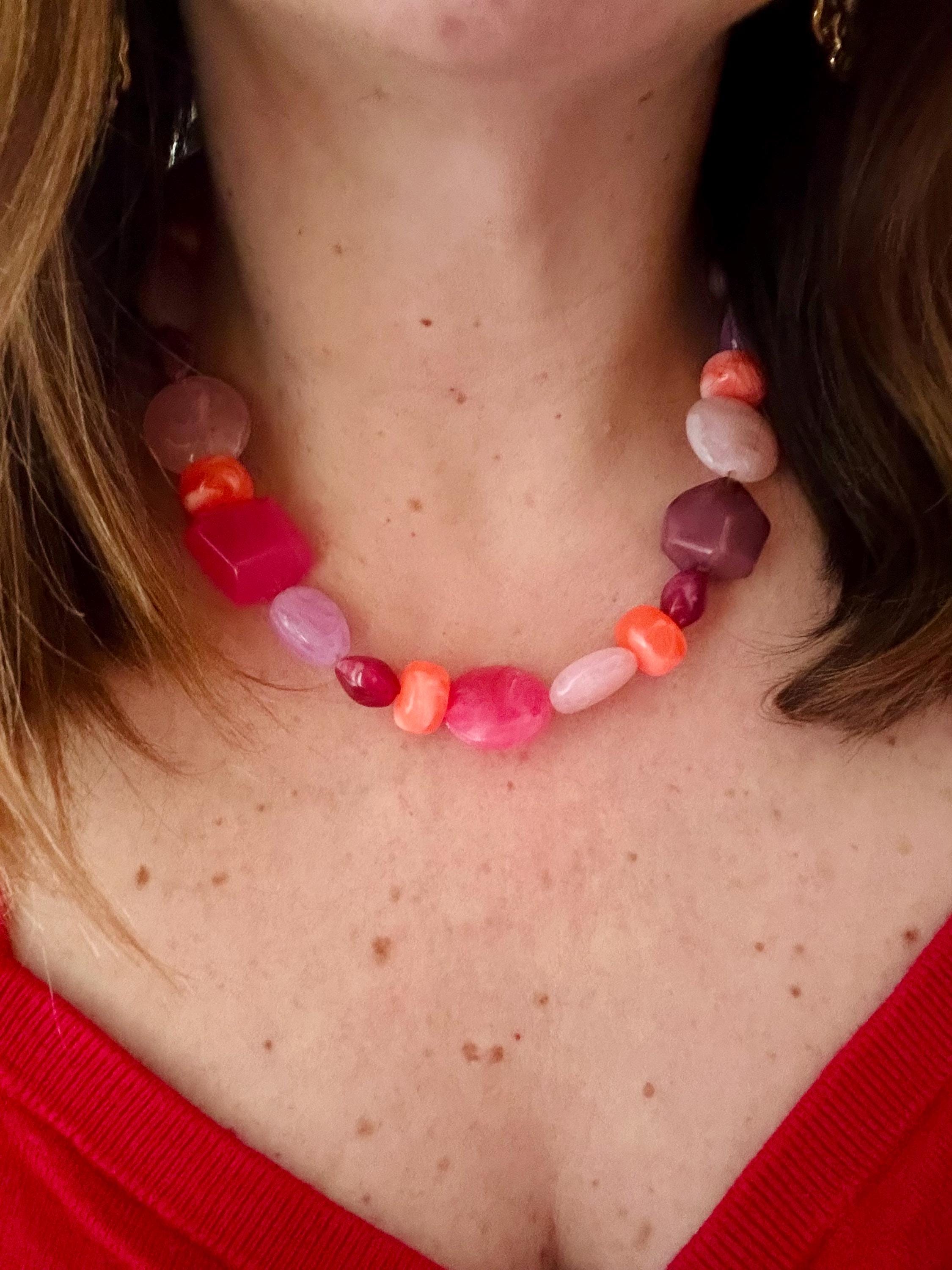 Collier Sautoir Vintage - Perles Roses Et Quartz Rose, 120 Cm, Style Années 1970