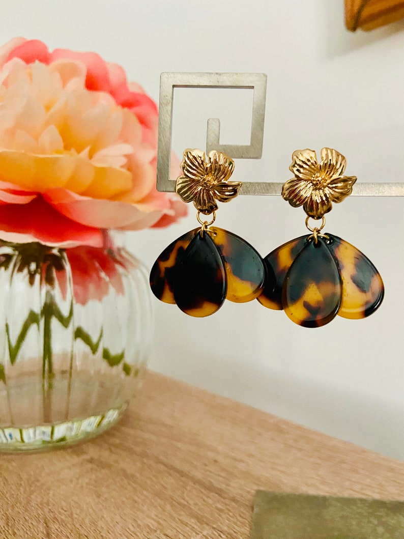 GLORIA earrings with acetate petals and Sézane-inspired stainless steel stud earrings, handmade image 2