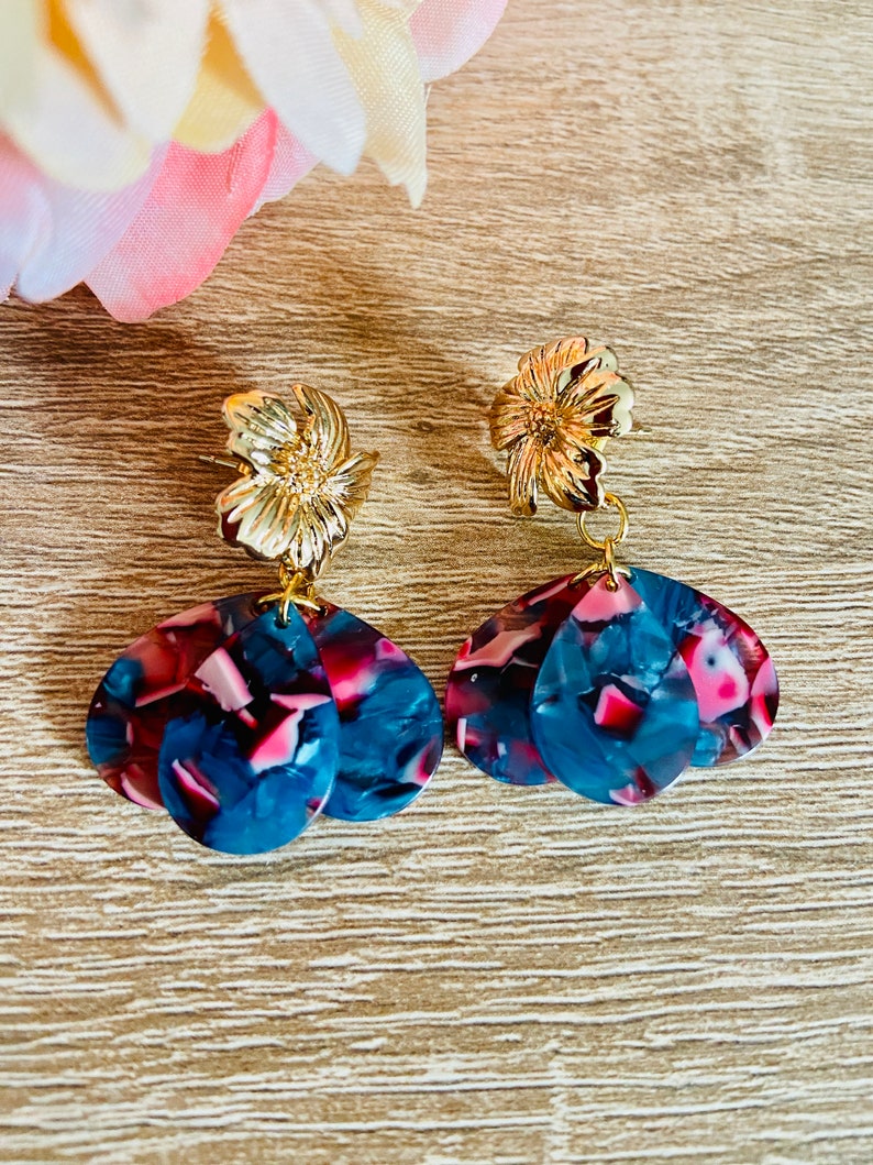 GLORIA earrings with acetate petals and Sézane-inspired stainless steel stud earrings, handmade image 4