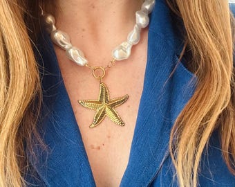 THALASSA necklace – pearl beads and golden starfish in stainless steel