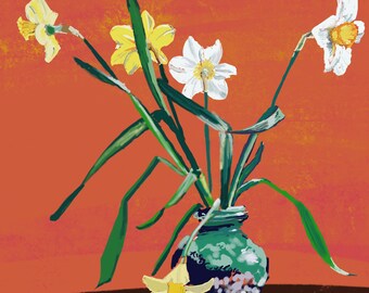 May include: A bouquet of yellow and white daffodils in a green and blue ceramic vase against a bright orange background.