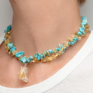 Layered Necklace with Row Citrine Pendant, Turquoise Necklace, Citrine Necklace, Colorful Summer Chunky Necklace, Statement Collar Necklace