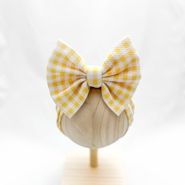 YELLOW PLAID Stretchy Head Wrap, Summer Yellow Nylon Bow, Yellow Easter Bow, Yellow Checker Pigtails, Large Yellow Plaid Baby Bow