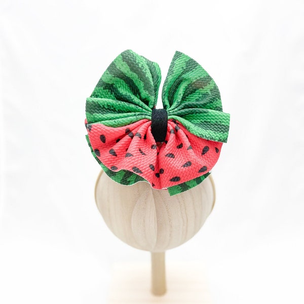 WATERMELON Nylon Bow, Summer Infant Bow, Red and Green Toddler Bow, One Size Baby Bow, Huge Girl Bow, Large Messy Watermelon Bow