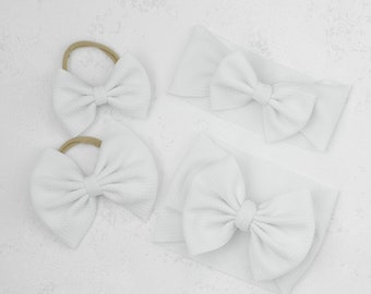 WHITE Stretchy Nylon Bow, Baby Head Wrap, Small Nylon Bow, Large Nylon Bow, Small Baby Head Wrap, Large Baby Head Wrap, XL Toddler Bow