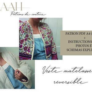 Pode incluir: Um padrão de download digital para uma jaqueta acolchoada reversível. O padrão inclui instruções com fotos e diagramas. A jaqueta é mostrada em uma estampa floral e uma cor branca sólida.