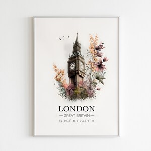 Londres Pôster | Aquarela | Flores | cidade pôster | Poster Grã-Bretanha | Arte da parede de Londres | Decoração Viva | Arte digital de parede | Pôster do Reino Unido