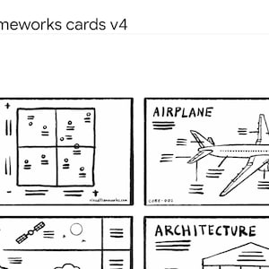 K&ouml;nnte beinhalten: Vier schwarz-wei&szlig;e Visual-Framework-Karten mit verschiedenen Diagrammen. Die erste Karte zeigt eine 2x2-Matrix mit dem Text "2x2 MATRIX". Die zweite Karte zeigt ein Flugzeug mit dem Text "AIRPLANE". Die dritte Karte zeigt einen Satelliten und eine Sonne mit dem Text "ALTITUDE". Die vierte Karte zeigt ein Geb&auml;ude mit dem Text "ARCHITECTURE".