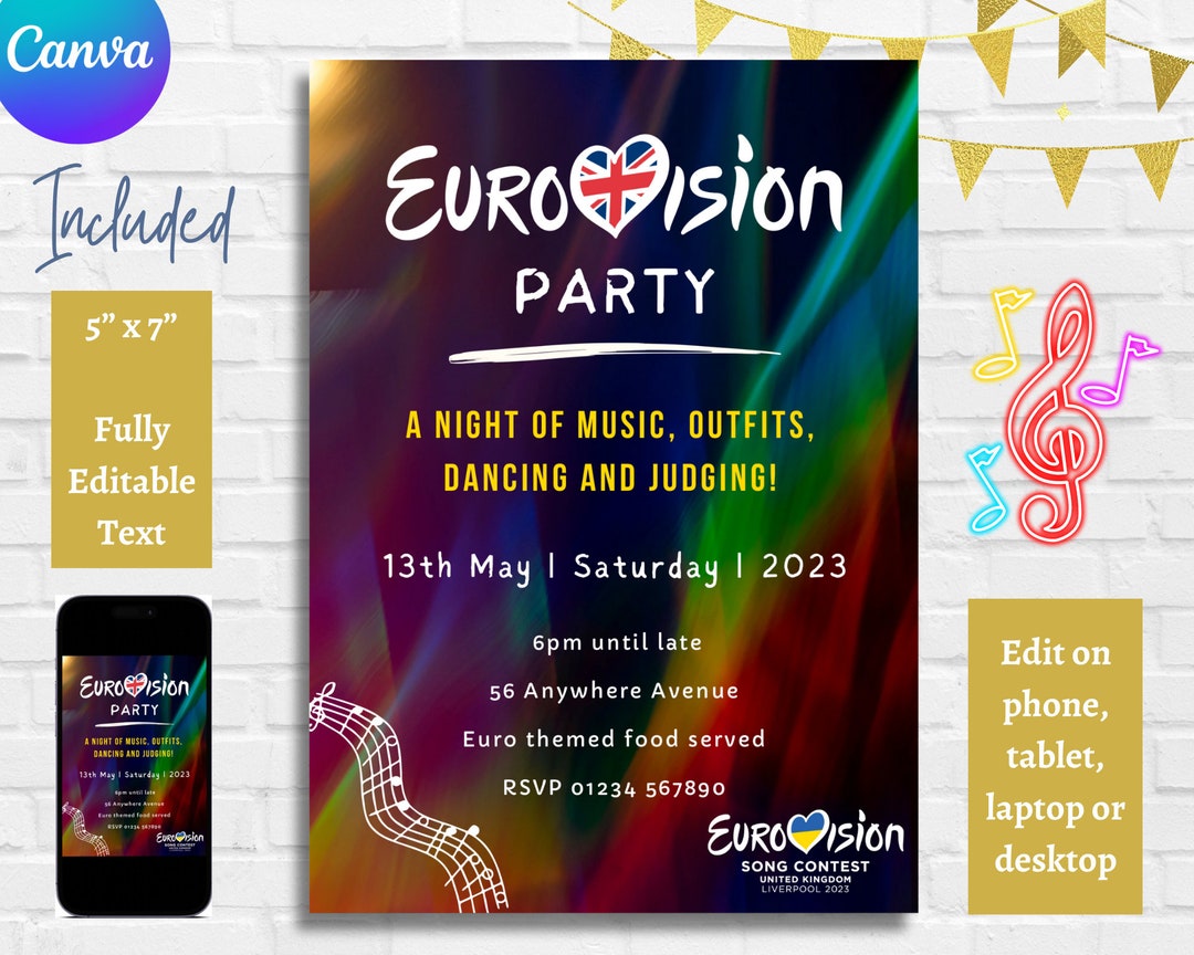Eurovision Party Invitation Template Rainbow Dance Song Etsy