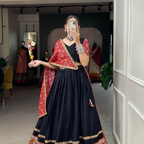 Black color Flared Lehenga Choli For Women,Chaniya Choli With Dupatta, Gujarati Festive Dress, Navratri Dress Women's Clothing Gift For Her