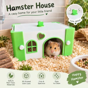 Pode incluir: Uma casa de hamster branca e verde brilhante com um recorte em forma de coração acima da entrada em arco e uma janela. Um pequeno hamster está dentro da estrutura. O texto diz Hamster House, A cozy home for your little friend e Happy Hamster.
