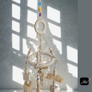Natural Bird Swing with  Handmade Cotton Rope  Wood Beads Double Ring Bird Toy Parakeet Budgie Perch Hanging Bird Perch for Cage or Garden