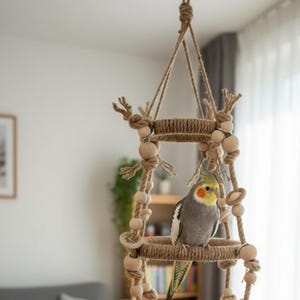 Salle de sport naturelle pour oiseaux suspendus - Perchoir en corde de coton à plusieurs niveaux pour oiseaux, aire de jeu pour oiseaux faite main