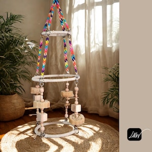 Natural Hanging Bird Gym – Multi-Level Cotton Rope Perch for Birds, Handmade Bird Playground with Toys, Indoor Climbing Station