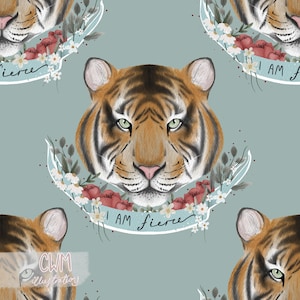 May include: A seamless pattern featuring a tiger face with orange and black stripes, surrounded by white flowers and red roses. The text "I am fierce" is written on a blue ribbon.
