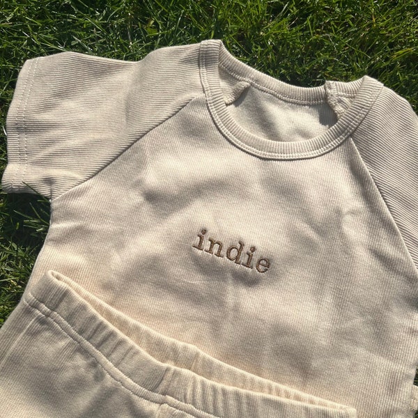 Personalised Name Children's Ribbed Lounge Sets | Embroidered Kids Sets, Unisex Clothing, Custom, short sleeve top and bottoms