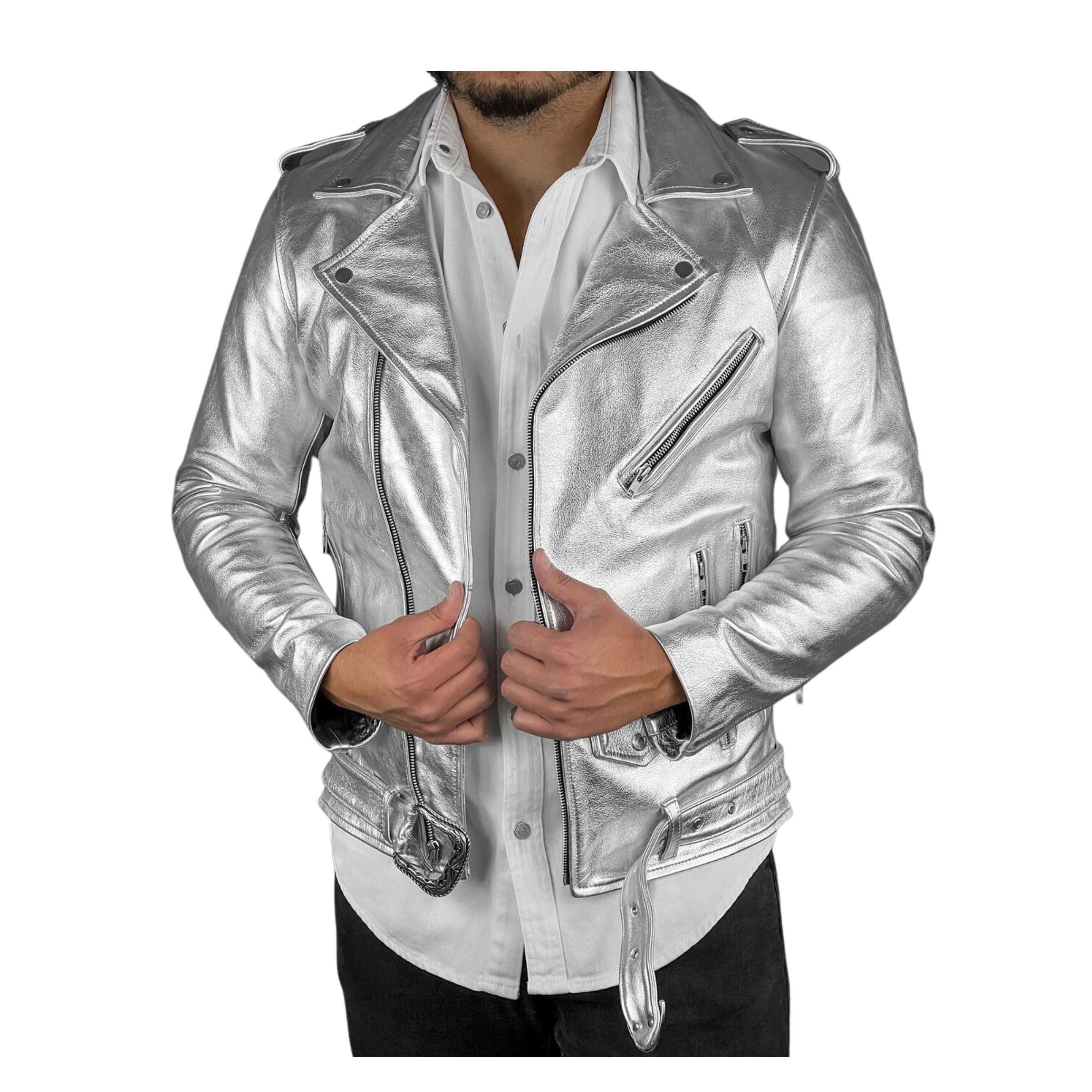 Mens Silver Studded White & Blue Biker Jacket