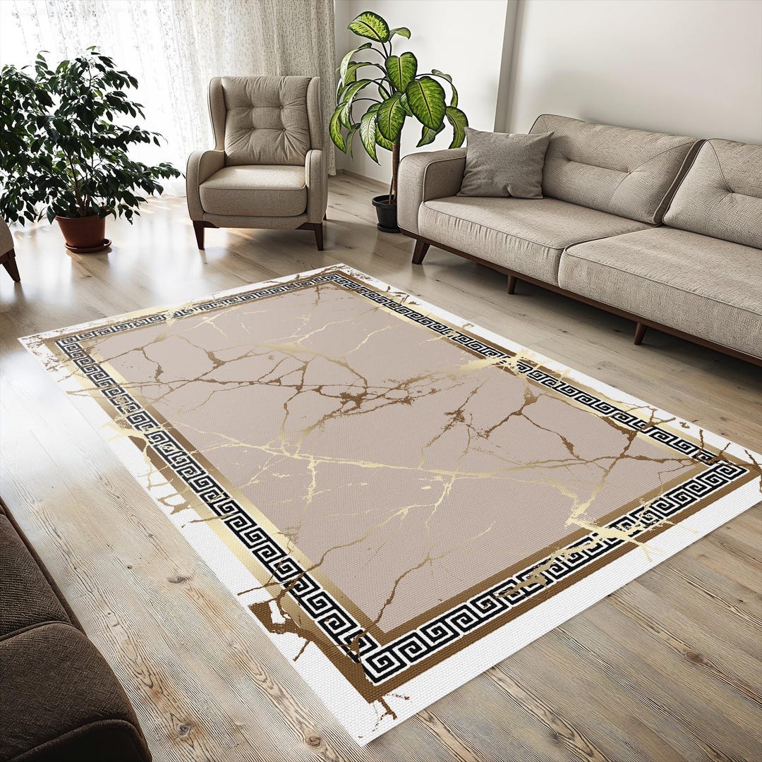 Beige and Gold Marble Area Rug With Greek Key Border - Washable Non ...