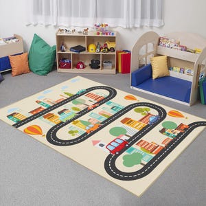 Decoratief vloerkleed kinderkamer, kleurrijk stadswegenkaartpatroon tapijt antislip kunstleer basis hoge kwaliteit, machinewasbaar vloerkleed speelkamer C6108