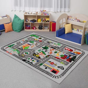 Dekorativer Teppich für Kinderzimmer, Stadtkarte und Bahngleismuster Teppich, rutschfeste Kunstlederbasis, maschinenwaschbarer Spielzimmerteppich CK1000