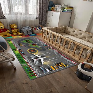 Decoratief vloerkleed kinderkamer, tapijt vliegveld en racebaan wegenkaartpatroon, antislip kunstleer basis, hoge kwaliteit, vloerkleed speelkamer CK1015