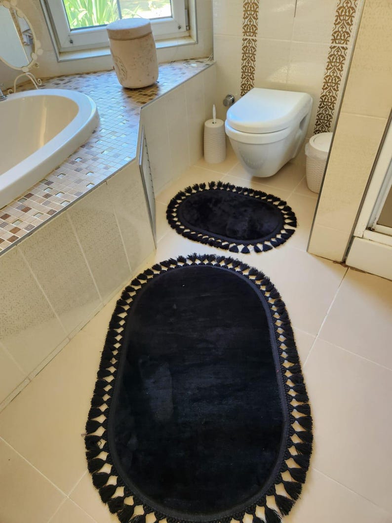 Fringed Soft Plush Black Bathroom Mats Bathroom Decor 2piece Set