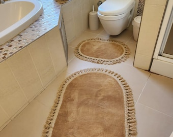 Fringed Plush Oval Bathroom Mat Set: Camel, Non-Slip, Machine Washable