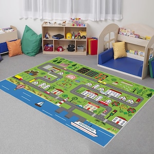 Decoratief vloerkleed kinderkamer, kleurrijk tapijt met wegenkaart stad en rivier, antislip kunstleer basis, machinewasbaar vloerkleed speelkamer CK1007