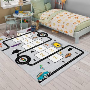 Decoratief vloerkleed kinderkamer wegenkaart en hinkelspeltapijt, antislip kunstleerbasis Hoogwaardig machinewasbaar vloerkleed speelkamer CK1003
