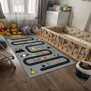 Decoratief vloerkleed kinderkamer, speels tapijt met wegenkaartpatroon, antislip kunstleer, hoge kwaliteit, machinewasbaar, vloerkleed speelkamer C6099