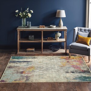 Abstract Vintage Area Rug, Non-Slip Faux Leather Base Digital Print, Machine Washable Living Room Carpet, Multicolor Distressed Design T1016