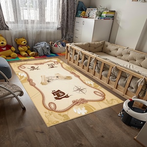 Decoratief tapijt kinderkamer, tapijt met piratenschatkaartpatroon, antislip kunstleerbasis, hoge kwaliteit, machinewasbaar tapijt voor speelkamer C6045