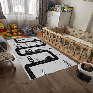 Decoratief vloerkleed kinderkamer zwart-wit tapijt met wegenkaartpatroon antislip kunstleer basis hoogwaardig machinewasbaar vloerkleed speelkamer C6103
