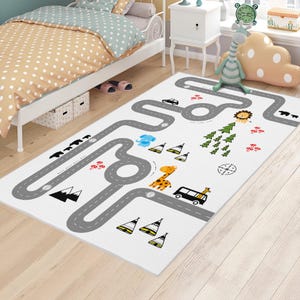 Kinderzimmer Dekorativer Teppich Waldstraße Karte Muster Teppich mit Tieren Rutschfester Kunstleder Hochwertiger, maschinenwaschbarer Spielzimmerteppich C6111