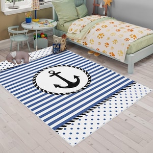 Dekorativer Teppich für Kinderzimmer, Maritimer Ankermuster Teppich, rutschfeste Kunstlederbasis, hohe Qualität, maschinenwaschbarer Spielzimmerteppich C6044