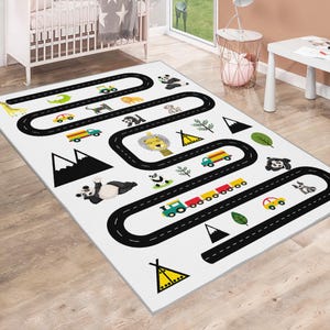 Decoratief vloerkleed kinderkamer, wit speels tapijt met wegenkaartpatroon antislip kunstleer basis hoge kwaliteit, machinewasbaar vloerkleed speelkamer C6100