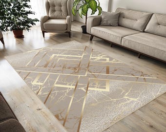 Modern Abstract Geometric WASHABLE Decorative Rug - Beige, Gold, and White Design, Non-Slip Backing, Machine Washable, Soft Comfort E1009-2