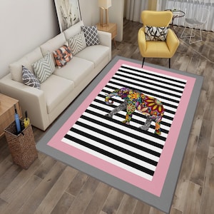 Colorful Elephant Print Area Rug, Non-Slip Faux Leather Base, Digital Print, Machine Washable Carpet, Modern Animal Pattern Decor T1049-1
