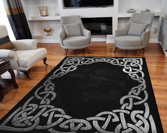 Black Celtic Knot Border Washable Decorative Rug - Non-Slip Faux Leather Backing, Antiallergic, Soft Area Carpet for Living Room T1244