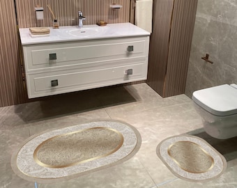Luxury Bathroom Rug Set, 2-Piece Non-Slip Bath Mat Set Elegant Beige and Gold Bathroom Carpets Soft Plush Bathroom Mats Decorative Bath Rugs