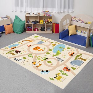 Kinderzimmer-dekorativer Teppich Safari-Dschungeltier Straßenkarte-Muster-Teppich, rutschfeste Kunstleder-Basis, hochwertiger waschbarer Spielzimmer-Teppich CK1014
