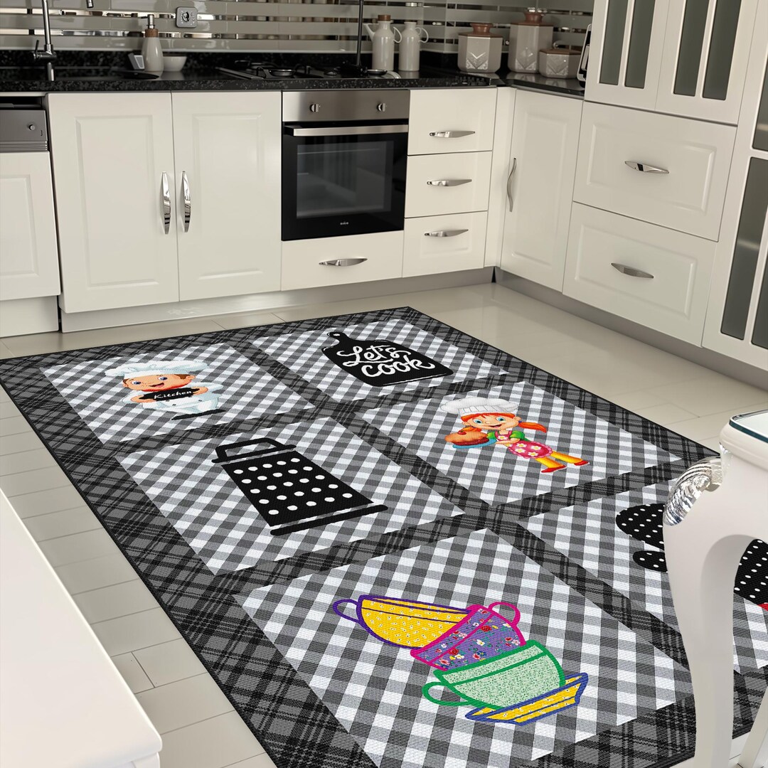Let's Cook Kitchen Rug, Chef Themed Gingham Pattern Kitchen Runner, Non ...