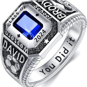 Personalized Sterling Silver High School Class Ring: Moissanite Stone