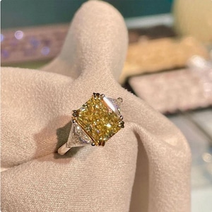 Radiant Cut Golden Yellow Moissanite Ring: 14K White Gold Three Stone Engagement Ring
