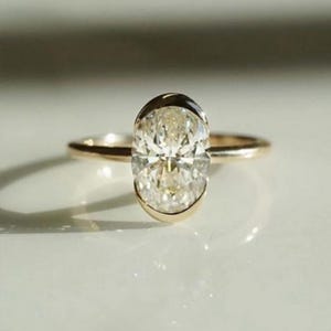 White Oval Cut Moissanite Diamond Solitaire Half Bezel Engagement Ring Solid 14K Rose Gold 8x5.50 MM, Wedding Ring For Valentine Day Gift