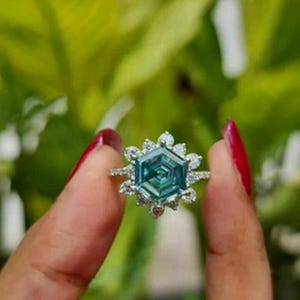 Custom Vivid Blue Hexagon Moissanite Ring: Antique Halo, Sterling Silver 2 CT